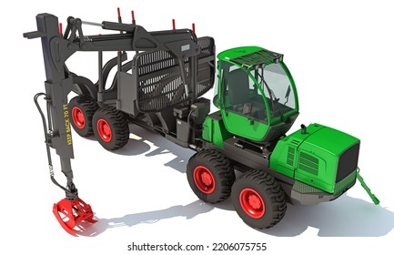 Forwarder Forestry Vehicle Heavy Machinery 3D Rendering On White Background