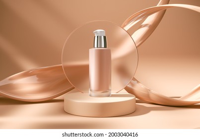 Foundation Container Mockup, Cosmetic Bottle Package Design On 3d Scene Podium Background, 3d Rendering