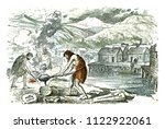 A foundry workshop on the outskirts of a lake town, in the Bronze Age, vintage engraved illustration. From Natural Creation and Living Beings.
