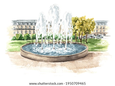 Fountain in the city square or park, Watercolor hand drawn illustration isolated on white background