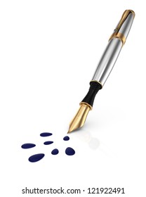 Fountain Pen And Ink Drops Isolated On White Background. 3d Rendered Image