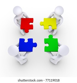 Four 3d People Holding Puzzle Pieces