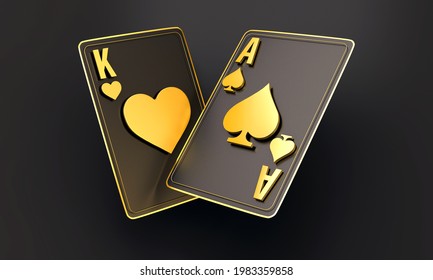 Four aces in 2 playing card with black gold design on background. chip gold 3d model illustration 3d render
