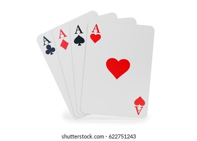 Four aces closeup, 3D rendering isolated on white background