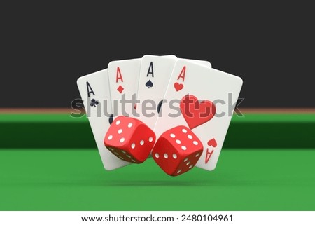 Four aces of different suits with red dice on a vibrant green casino table, a classic gambling scene. 3D render illustration