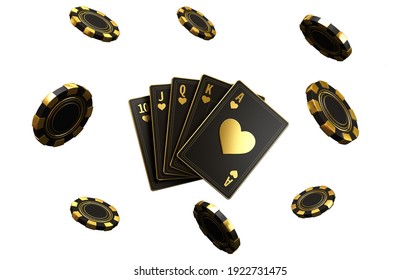 Four Aces In Five Playing Card With Black Gold Design On Background. 
Chip Gold 3d Model Illustration 3d Render