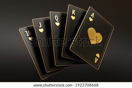 Four aces in five playing card with black gold design on background. chip gold 3d model illustration 3d render
