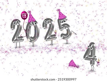 Four animated numerals spelling out "2025" with party hats and eyes and pointing at the year 2024 to leave the party - Powered by Shutterstock