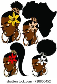 Four beautiful black women with different hairstyle flowers  Africa, long ,puff and short puff and earrings / FOUR QUEENS / afro natural beauties 