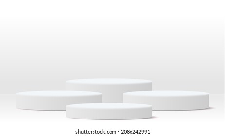 Four Big Size White Round Pedestal Podium That Rounded Edges.For Place Goods,cosmetics,cartoon Model,design Fashion,food,drink,fruit Or Technical Tools Advertising.3D Illustration.