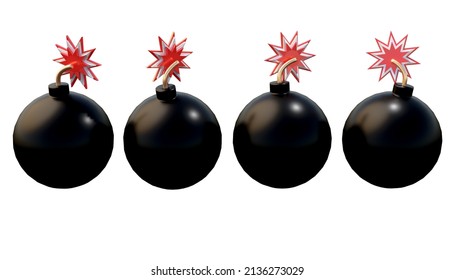 Four black booms with axes and flames ready to explode, 3d illustration.