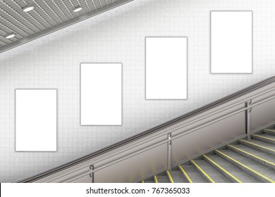 Four Blank Vertical Advertising Posters On Wall Of Underground Escalator. 3d Illustration