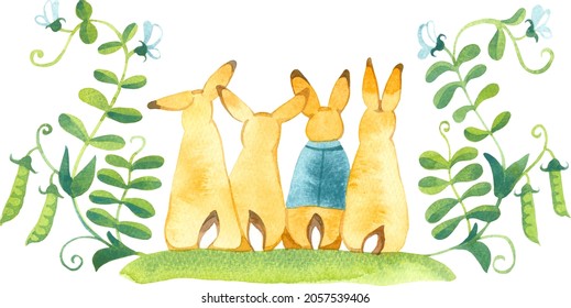 Four Brown Rabbits Sit On A Green Hill Under The Pea Vines, Watercolor Illustration, Back View