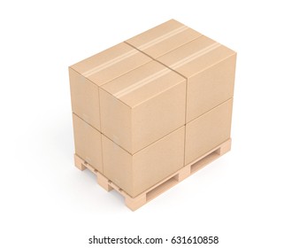 Four Cardboard Boxes Mockup On Euro Pallet, 3d Rendering