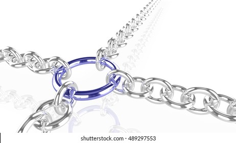 Four Chains Pulling On A Blue Metal Ring In All Four Directions Strength And Security Concept 3D Illustration