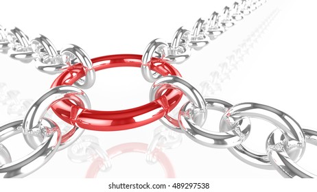 Four Chains Pulling On A Red Metal Ring In All Four Directions Strength And Security Concept 3D Illustration