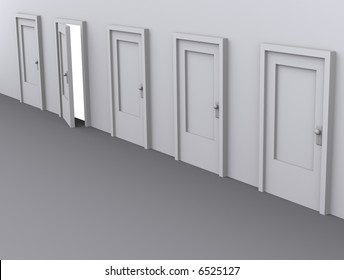 Four Closed Doors And Slightly Open One - Rendered In 3d