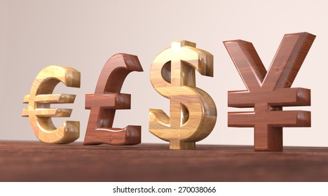 Four Currency Symbols - Dollar, Yen, Pound And Euro.