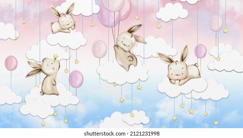 Four Cute Bunnies Flying On Clouds Among Balloons And Stars On A Light Gradient Background, Children's Photo Wallpaper