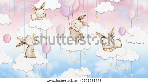 four cute bunnies flying on clouds among balloons and stars on a light gradient background, children's photo wallpaper
