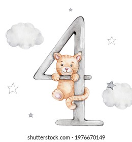 Four And Cute Cat; Watercolor Hand Drawn Illustration; Can Be Used For Baby Card; With White Isolated Background