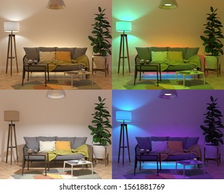 Four Different Color Lights Set Up In The Living Room - 3D Render