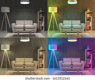 Four Different Color Lights Set Up In The Living Room - 3D Render