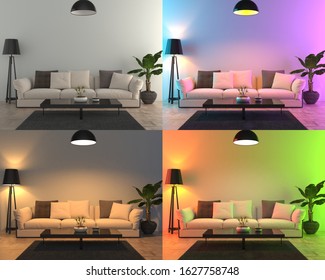 Four Different Color Lights Set Up In The Living Room - 3D Render