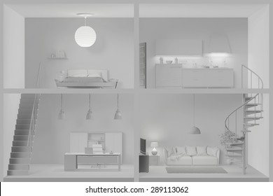 Four Different White Rooms In A Living Box (3D Rendering)