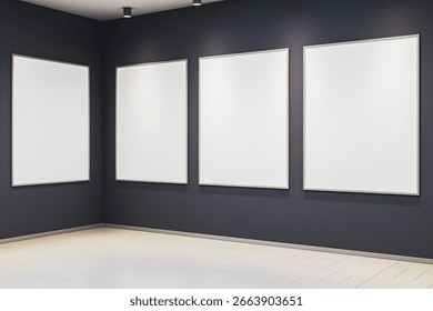 Four empty vertical frames on dark gallery walls with spotlighting, clean modern interior background for art exhibition or presentation mockup. 3D Rendering