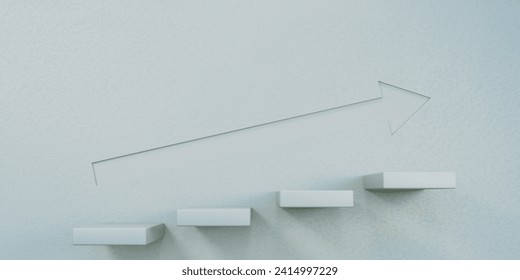 Four floating white steps and soft lighting plus an arrow on the wall, capture a visual climbing concept, 3D illustration