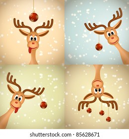 Four Funny Christmas Reindeer With Christmas Balls And Snow - Bitmap Illustration