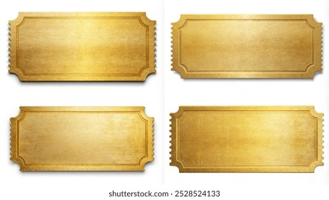 Four golden tickets with a gold border. The tickets are rectangular and have a gold color. The tickets are placed in a row, with the first one on the left and the last one on the right - Powered by Shutterstock