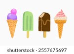 Four hand drawn illustrations of ice cream with different flavors and shapes