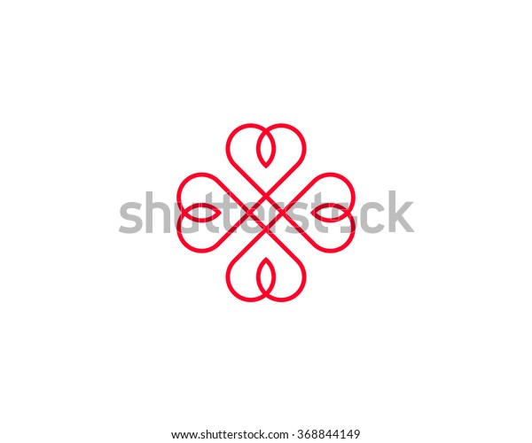 4つのハート記号 ハートの十字のロゴ 抽象的な線の花の葉のロゴアイコン記号 のイラスト素材