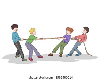 Four Kids Playing Rope Pulling Game,
Children Applying Pulling Force To The Rope.science Lesson Subject, Illustration Of Four Child Showing Pull Force.  Tr:( Halat çekme Kuvveti Uygulayan çocuklar) 