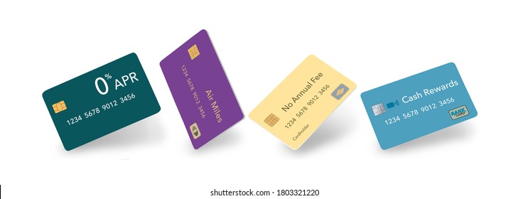 Four Kinds Of Credit Cards Are Seen Floating Over A White Background. This Is An Illustration About Choosing The Right Type Of Card. Included: Low Interest, No Fee, Cash Back And Air Rewards.