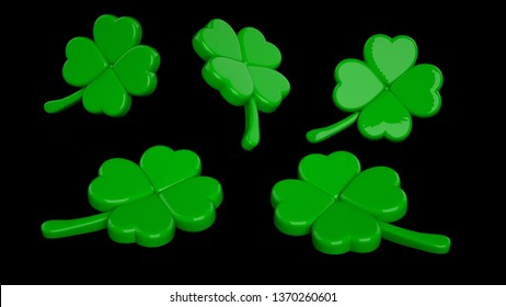 Four Leaf Shamrock Clover, Symbol Of Luck, Isolated On The Black Background  - 3D Illustration 