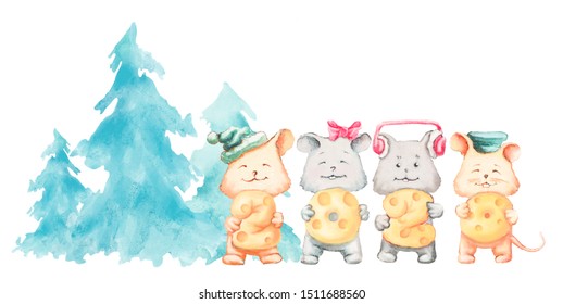 Four little Mice or rat, with pieces of cheese in their hands in the form of figures 2020 on a white background, Christmas concept.  Watercolor illustration. - Shutterstock ID 1511688560