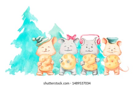 Four little Mice or rat, symbol of 2020, with pieces of cheese in their hands in the form of figures 2020 on a white background, Christmas concept.  Watercolor illustration. - Shutterstock ID 1489537034