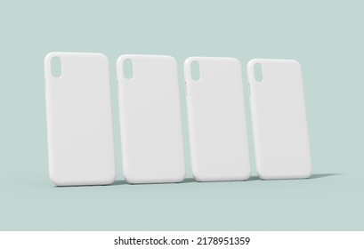 Four Mobile Phone Case Mockup, White Cover Template Isolated On A Neutral Color Background. Clear Smartphone Plastic Protector For Brand Design Presentation In 3D Rendering