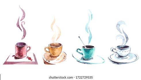 Four Mugs Of Hot Coffee Or Steamed Tea. Development Of Options With A Mug. Watercolor Drawing. Color Combination. Design Elements With Text. Suitable For Creating Patterns.