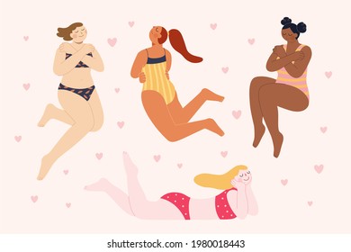 Four multi ethnic women in bikini embracing themselves on light pink color background with small heart decorations. Body positive women accepting their body, flat illustration. - Shutterstock ID 1980018443