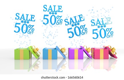 four on white background isolated 3d rendered gift boxes with isolated Christmas sale 50 percent off icon coming out of it