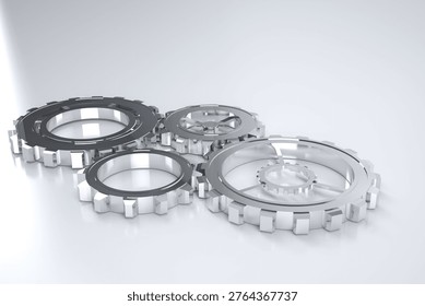 Four polished silver gears are interlocking on shiny grey surface in 3D render under soft lighting. Mechanical, industrial, technology, precision, engineering, futuristic, metallic