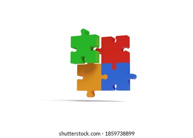 Four Puzzle Pieces, Red, Blue, Green And Orange, Coming Together In Three Dimensions. Teamwork Concept. 3d Illustration.