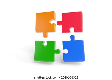 Four Puzzle Pieces, Red, Blue, Green And Orange, Coming Together In Three Dimensions. Teamwork Concept. 3d Illustration.