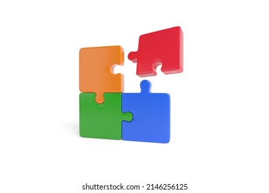 Four Puzzle Pieces, Red, Blue, Green And Orange, Coming Together In Three Dimensions. Teamwork Concept. 3d Illustration.