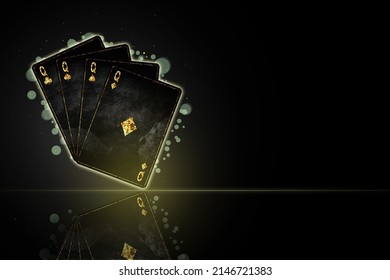 Four Queens, Grunge Cards In Black Background. Reflection. Copy Space.Square Orientation. Poker Background.Playing Cards. Gambling.