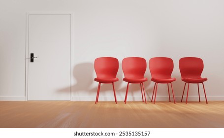 Four red chairs in front of the interview room, Row of red modle chairs are in the office. Job opportunity, recruitment, hiring concept. 3d rendering.